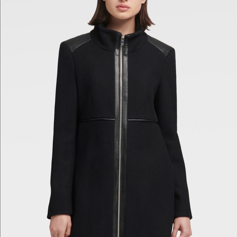 DKNY STAND COLLAR COAT WITH FAUX LEATHER TRIM